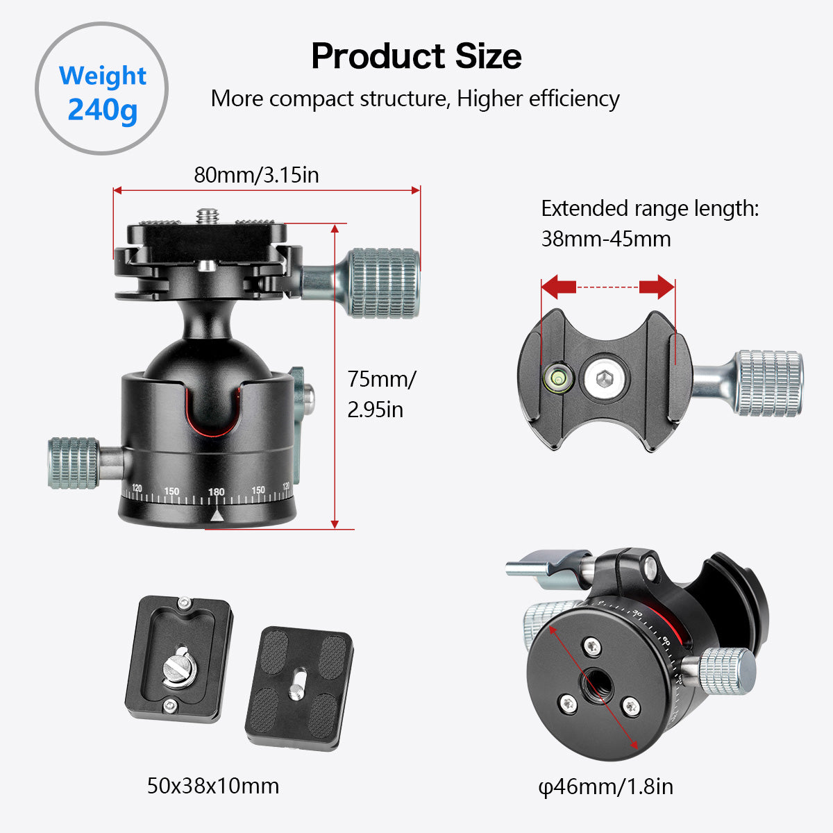 Low Profile Ball Head, Φ36mm Ball Diameter All Metal Tripod Head with 1/4" Screw Arca Swiss Quick Release Plates for DSLR Cameras Tripods Monopods, Max Load 33lbs/15kg