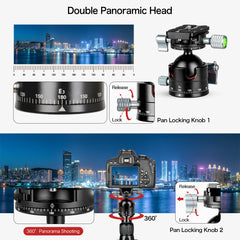 Low-Profile Ball Head, 360 Degrees Double Panoramic Head Φ45mm Metal ball diameter , Double U Notch for DSLR Cameras Tripods Monopods, Max Load 44lbs/20kg