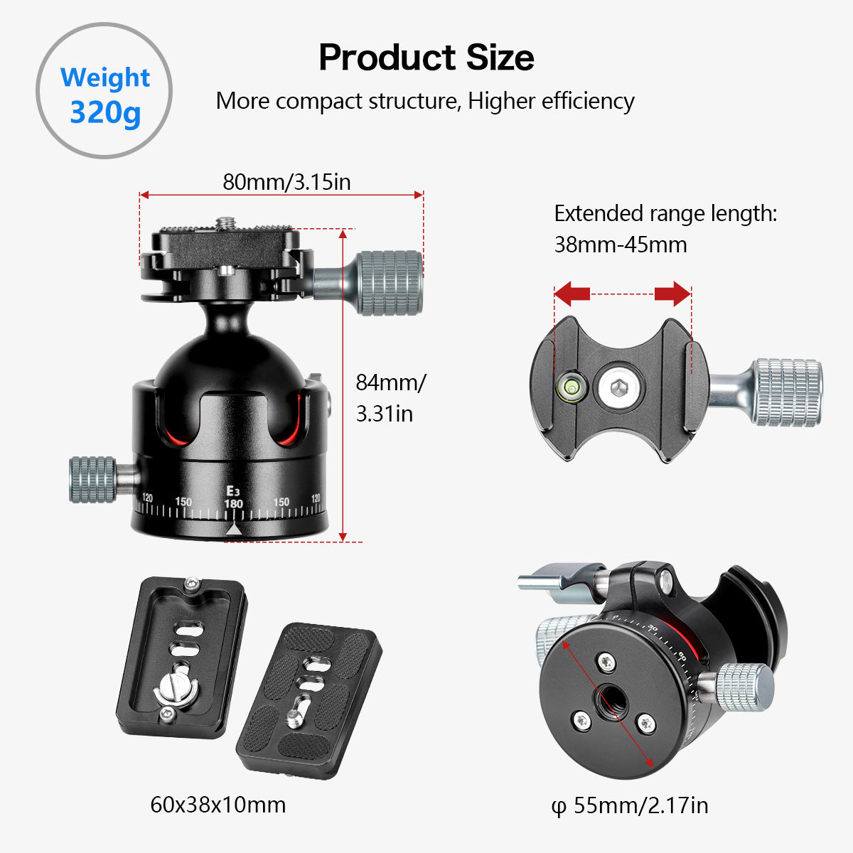 Low-Profile Ballhead with 1/4" Screw Arca-Type QR Plate and Φ45mm Metal Ball Joint Tripod Head 360° Panoramic for DSLR,Tripod. Maximum Load: 20KG/ 44Ibs