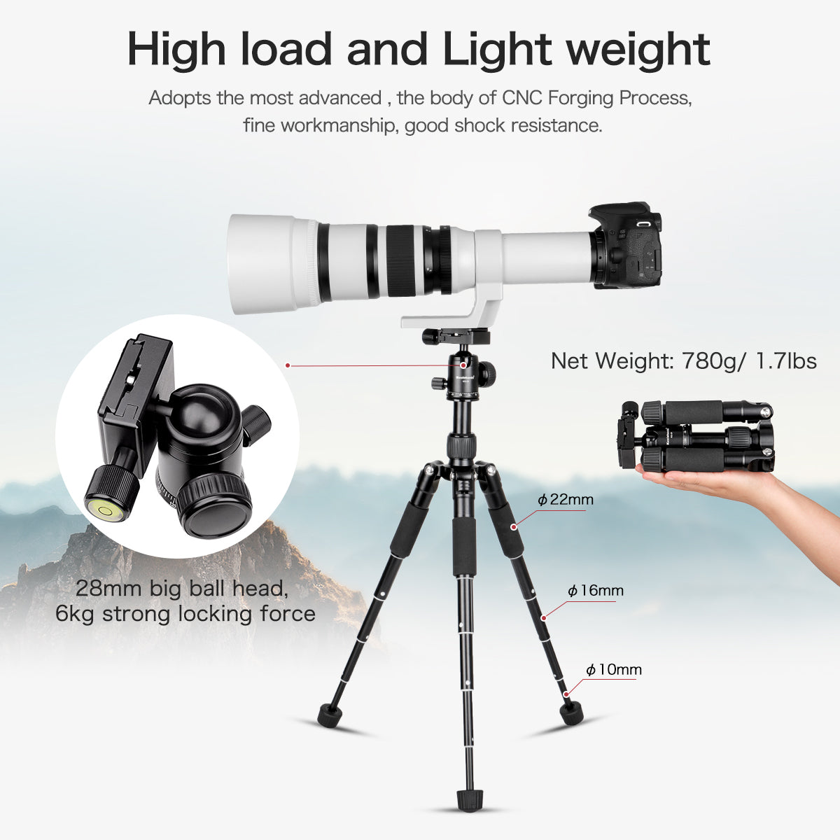 Portable Mini Tripod Aluminum Alloy Tabletop Tripod Height 20 inch / 51cm with 360 Degree Ball Head and Bag for DSLR Camera, Video Camcorder.Load up to 11lbs / 5kg - (H-50 Black)