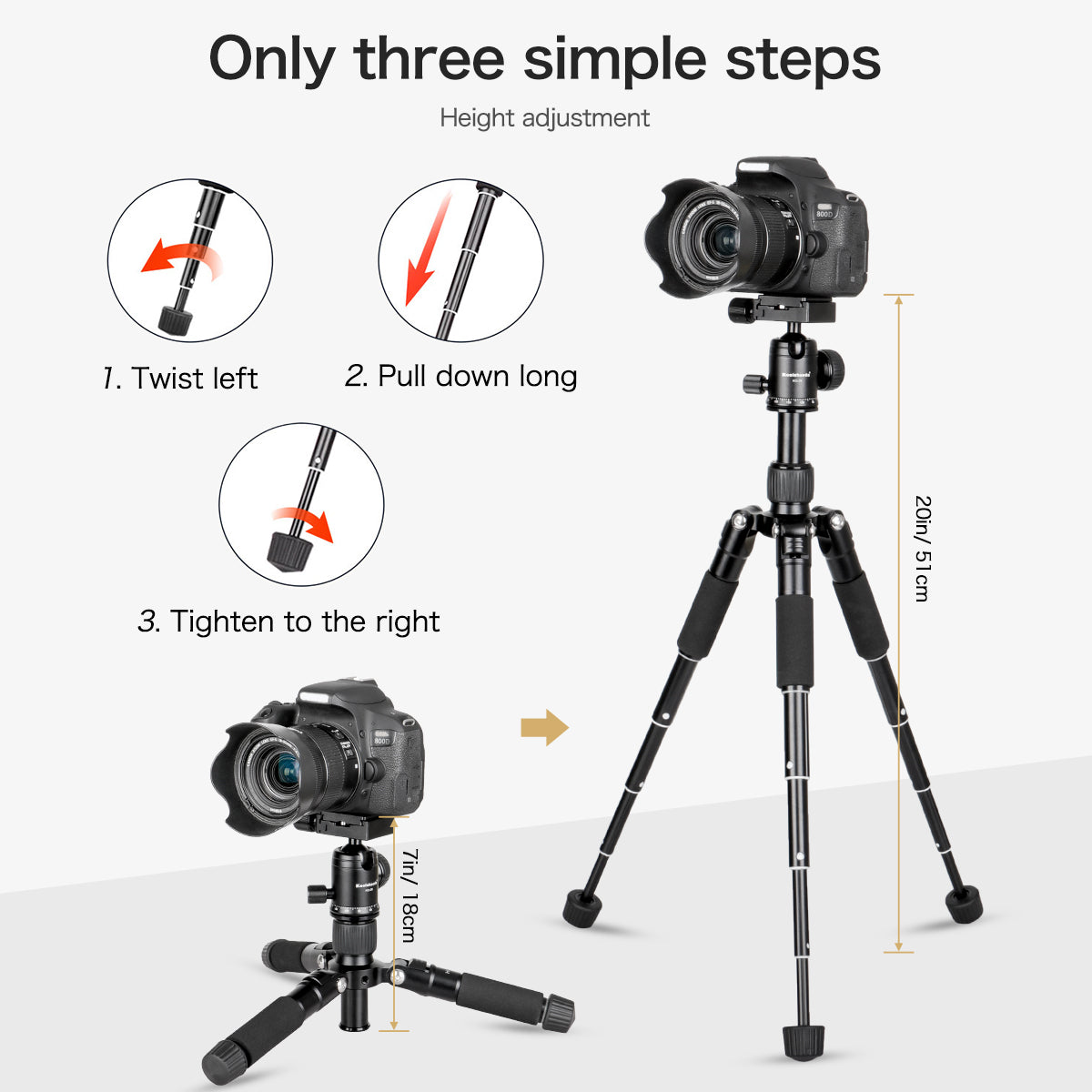 Portable Mini Tripod Aluminum Alloy Tabletop Tripod Height 20 inch / 51cm with 360 Degree Ball Head and Bag for DSLR Camera, Video Camcorder.Load up to 11lbs / 5kg - (H-50 Black)