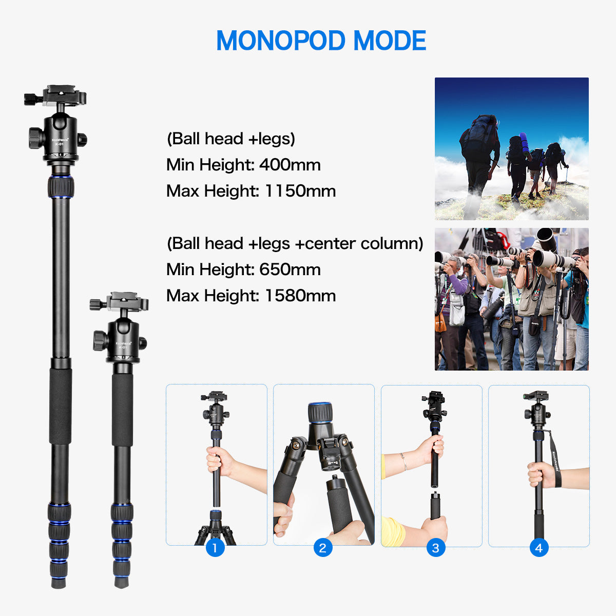 Camera Tripod 62"/156cm Height 33lbs Payload Max Tripod 2 in 1 Portable Camera Tripod Stand with 360 Degree Ball Head for DSLR and Digital Camera