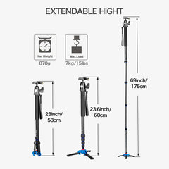 Camera Aluminum Monopod With Support Base & K-09 Ballhead For DSLR Camera Canon Nikon. Extended Max Height: 69-inch