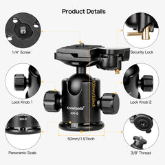Camera Tripod Ball Head with 1/4 "Screw Quick Release Plate,All Metal 360° Panoramic Tripod Head Compatible 200-PL14 QR Plate for Tripod Monopod