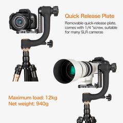 Professional Heavy Duty Metal Gimbal Tripod Head with with Arca Swiss Quick Release Plate and Bubble Level for Digital SLR Cameras up to 26lbs/12kg - (KQ-45)