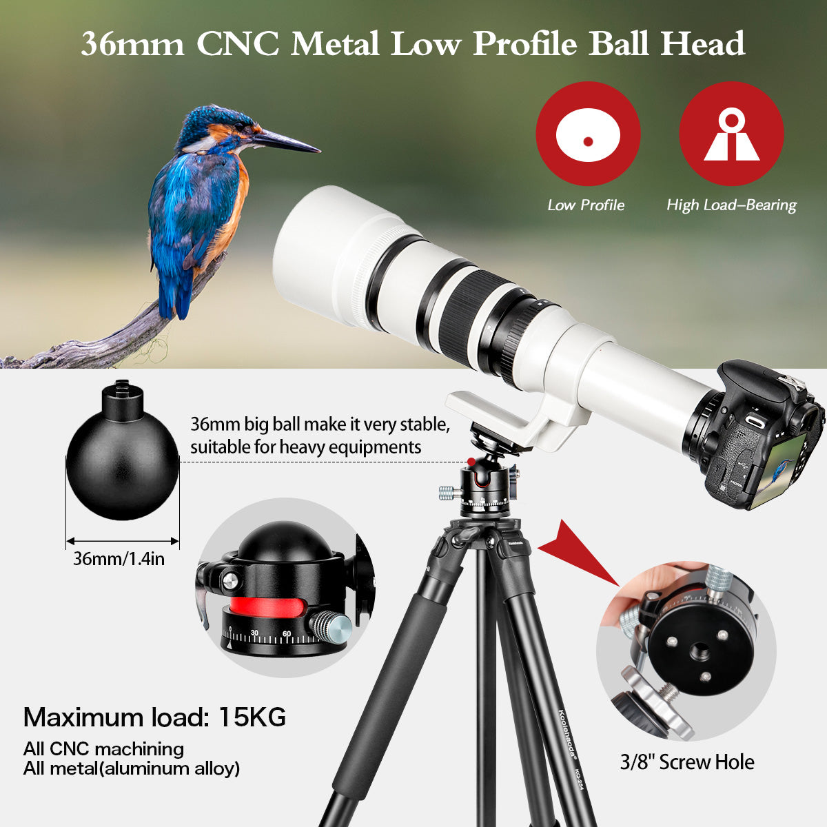 Camera Tripod 62inch Aluminum Portable Tripod Monopod Kit with 36mm Ball Head and Carrying Bag for DSLR Camera,Loading Up to 33lbs /15kg