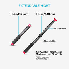 Extension Stick Tripod Extension Tube, can be Used as a monopod and Mobile Phone Selfie Stick. 2 Section Extension Length is: 17.5inch