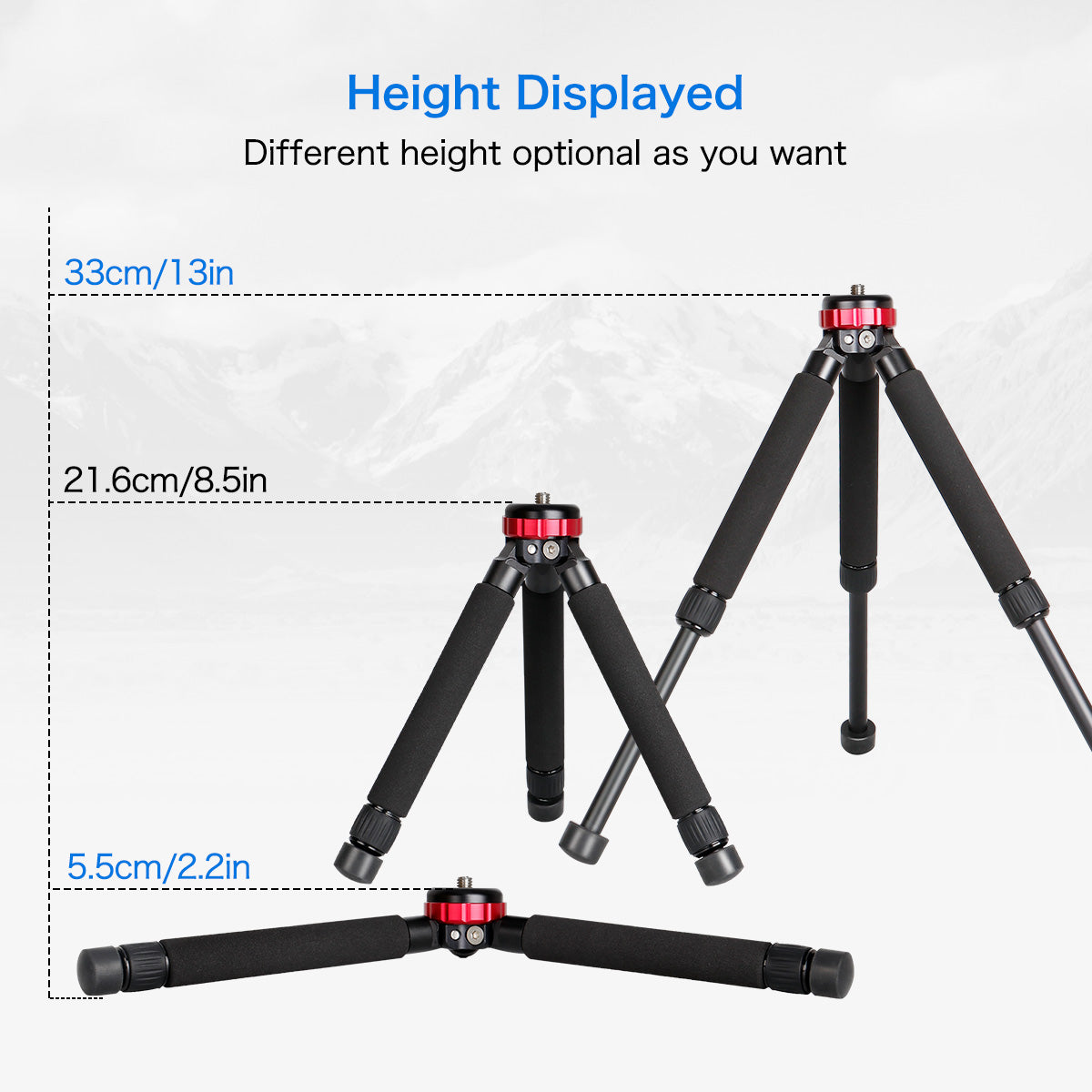 Mini Tripod All Metal Tabletop Tripod Stand with 1/4 and 3/8 Screw Mount and Function Leg Design, Max Height 13 inch, Load up to 10kg/22lbs,for DSLR Camera,Monopods