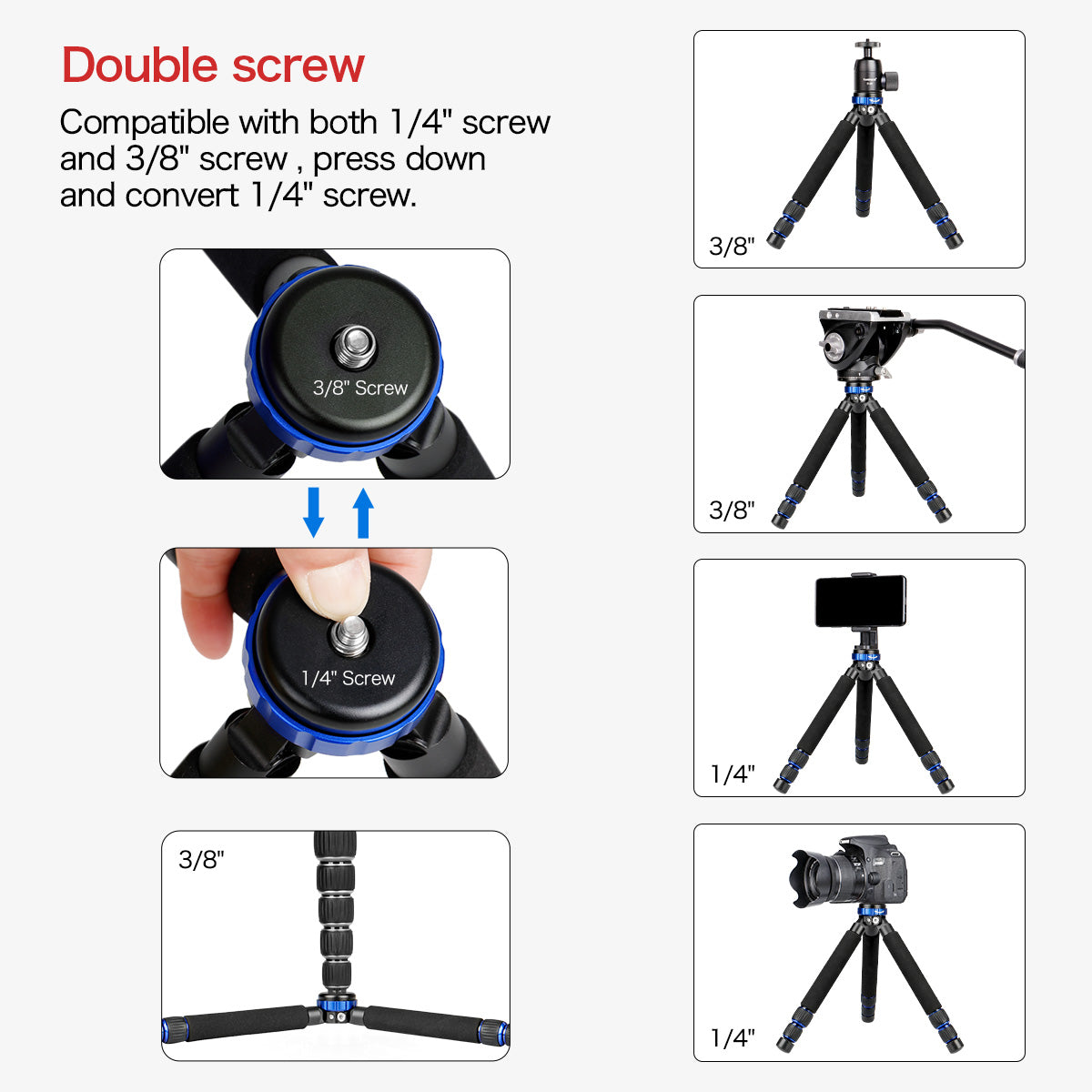 Tabletop Mini Tripod, Travel Portable Tripod with 1/4 and 3/8 Screw Mount and Extendable Leg Design, Max Load 10kg/22lbs,for DSLR Camera,Video Recorder,Cell phone(MT-03)