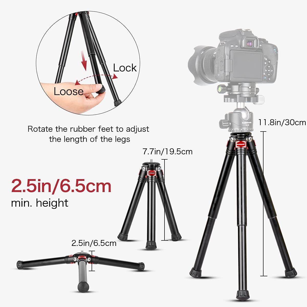 TF-19 Mini Tripod, All Metal Tabletop Tripod Stand with Extendable Legs and 1/4 Inch Screw for DSLR Cameras,Projector and Monopods