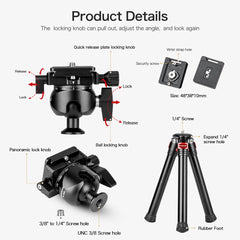 Camera Mini Tripod, Tabletop Tripod CNC Aluminum with 360° Ball Head and Extendable Legs for DSLR Cameras,Projector and Monopods