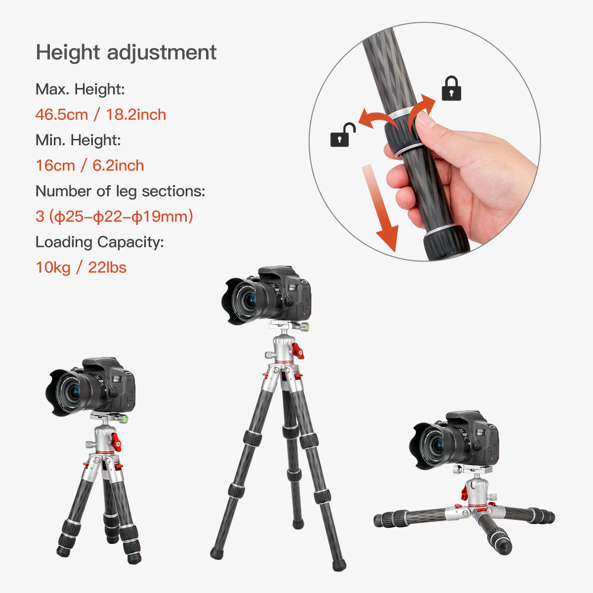 Koolehaoda Portable Carbon Fiber Mini Tripod with 360° Ballhead Lightweight Compact Tabletop Tripod Max Load 22lbs/10kg for DSLR Camera,Weighs only 1.5 pounds - (TKS-253C)